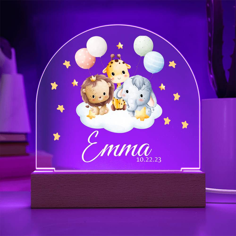 Cute Baby Animals Personalized Nightlight | Custom Name and Birth Date Baby Night Lamp, Nursery LED Lamp, Playroom Decor
